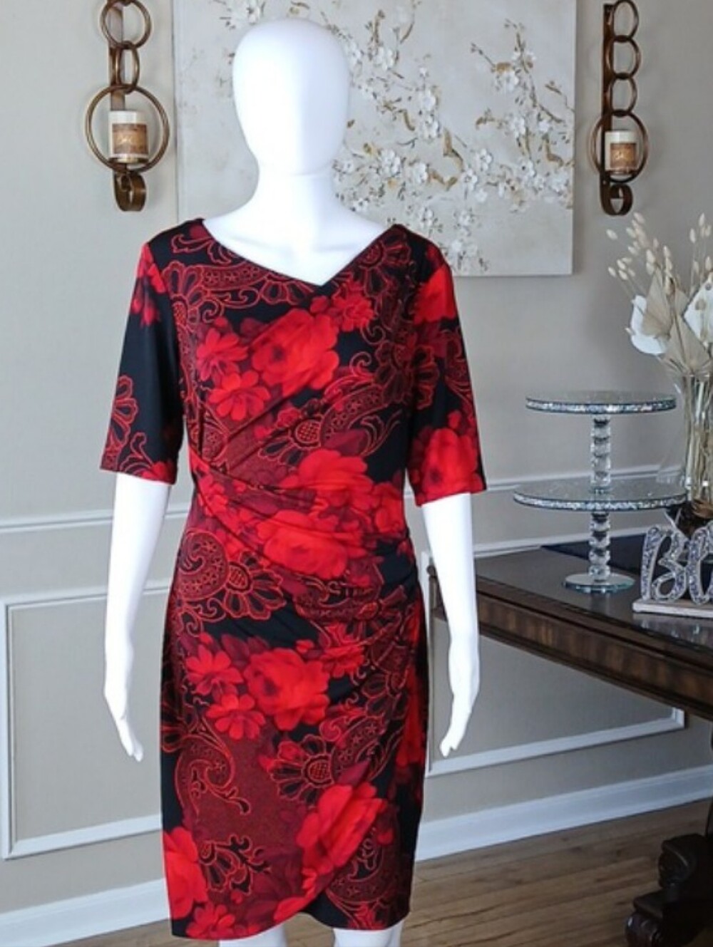 Women's Red Floral Sheath Dress Short Sleeves Faux Wrap Medium Petite
